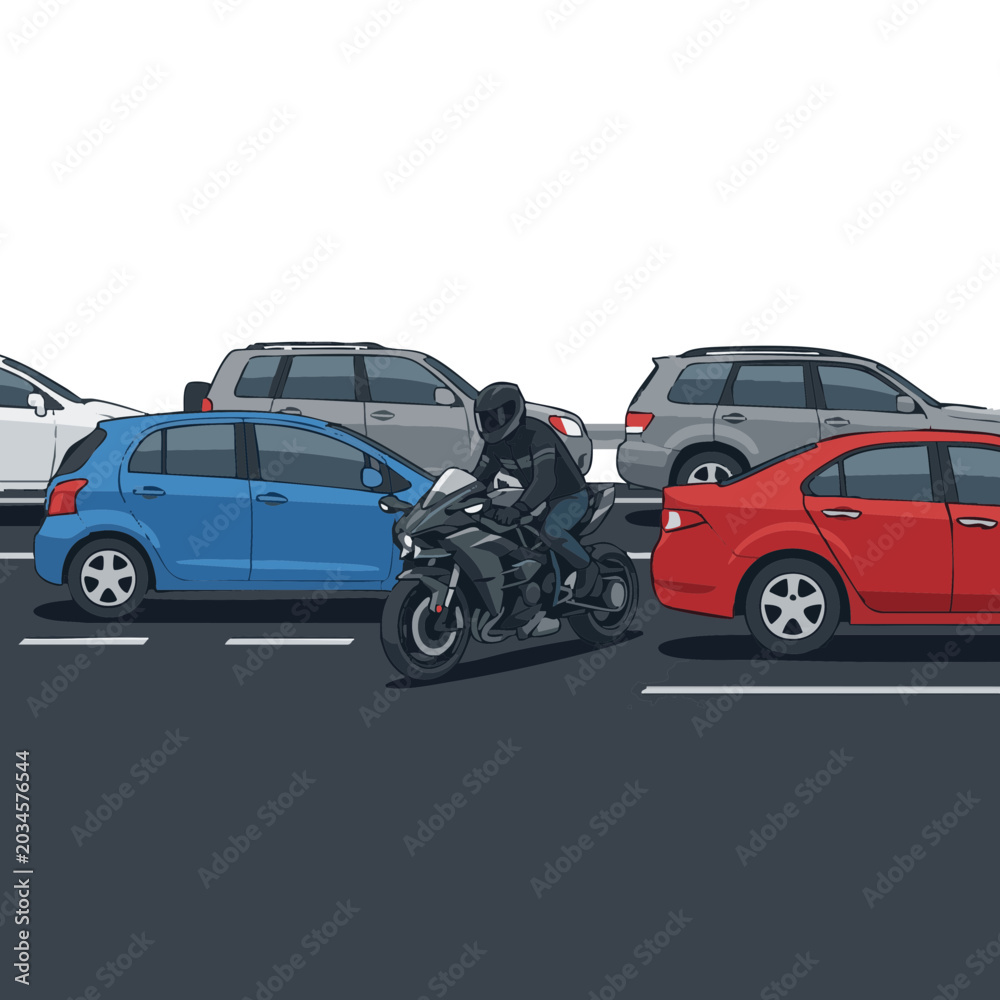 Naklejka premium Motorcyclist maneuvering through traffic in urban environment 