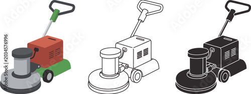 Canvastavla Floor buffer machine in three styles isometric line and silhouette