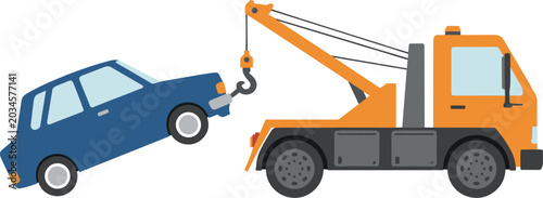 Tow Truck Lifting Blue Car on White Background
