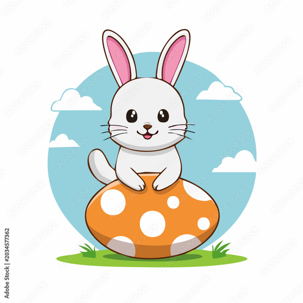 Fototapeta premium Cute White Bunny Sitting on a Polka Dot Egg