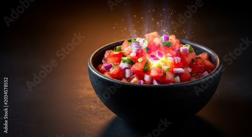 Chunky red salsa in a dark bowl features magical glowing highlights on fresh tomato pieces and onion under soft ambient lighting, sparkle, dip, cooking