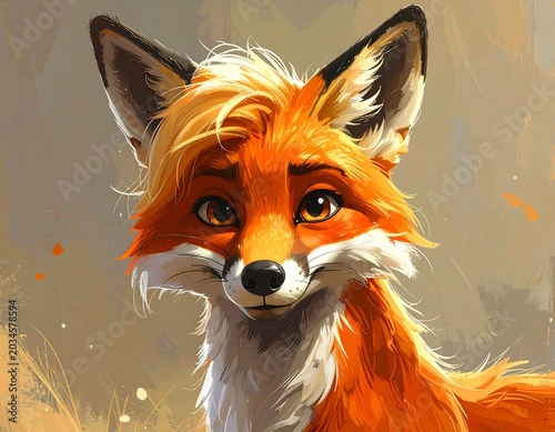 Vibrant Red Fox Looking Forward in Painterly Neutral Background