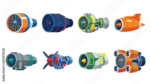 Bilde på lerret Colorful Cartoon Jet Engines and Turbine Set Illustration