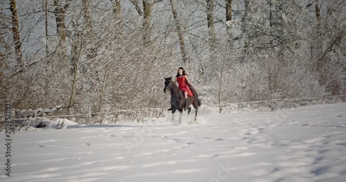 Beautiful woman in a red dress riding horse in winter