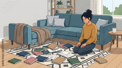 A moment of contemplation amidst scattered pages: A solitary woman kneels on a patterned rug, surrounded by an array of open books, lost in thought within a cozy living room setting.