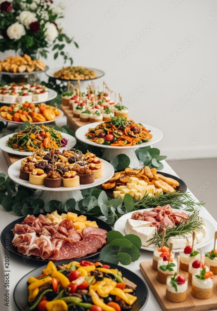 Fototapeta premium An elegant spread of diverse culinary delights arranged on a long banquet table with tiered platters, fresh greenery, and warm ambient lighting, platter, catering, snack