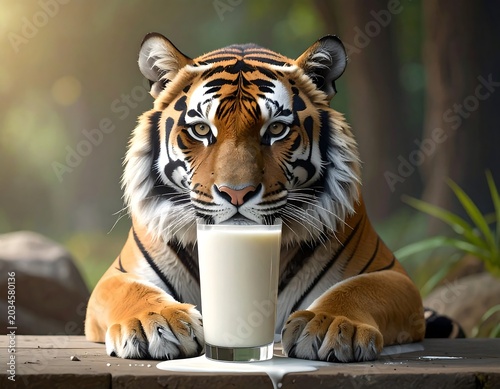 Majestic Bengal Tiger Drinking Milk From Glass on Rustic Outdoor Table