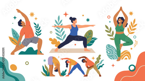 Obraz na plátne Vector Yoga Practice Illustration with Diverse People