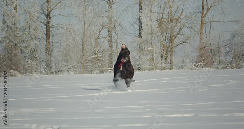 Woman in cloak riding a rearing horse in winter snow