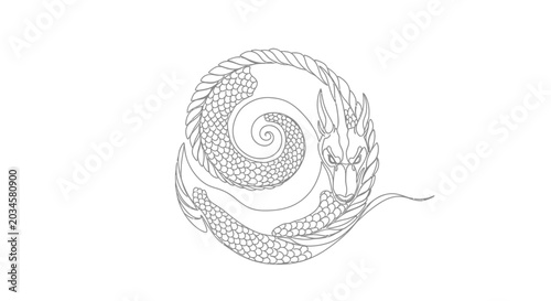 Stylized Dragon Circle Line Art