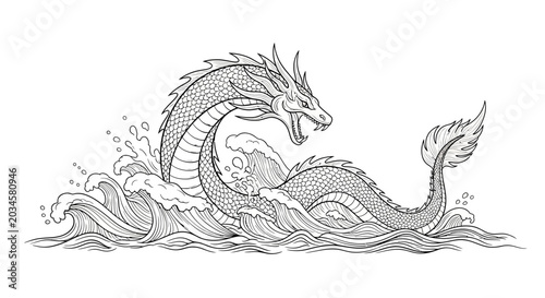 Photography Mythical sea serpent dragon emerging from stormy ocean waves, black and white il