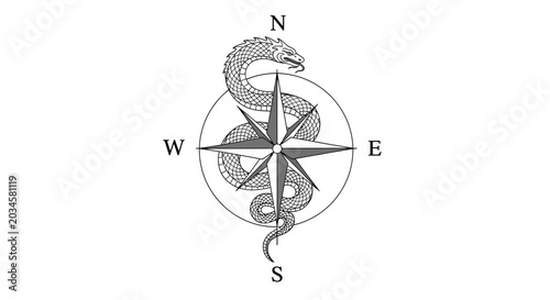 Foto Snake Wrapped Around Compass Rose, Symbolizing Navigation, Direction, and Myster
