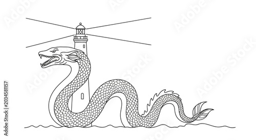 Quadro em tela Mythical Sea Serpent Coiling Around Lighthouse in Ocean Waves