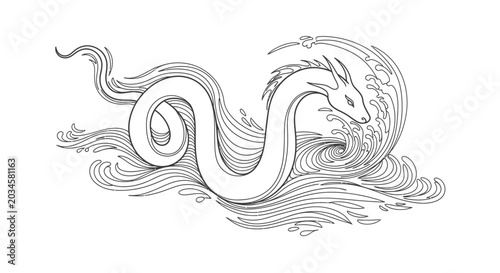 Quadro em tela Mythical Sea Serpent Emerging from Waves, Line Art Illustration