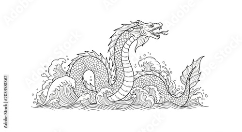 Tableau sur toile Mythical Sea Serpent Emerging from Crashing Waves, Fantasy Creature Illustration