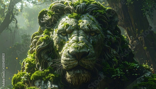 A stone lion sculpture, covered in moss, gazes serenely from a lush forest setting with dappled sunlight