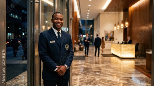 Professional Security Guard Standing in Modern Building Lobby.