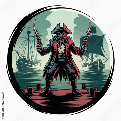 Tableau sur toile Pirate standing on a dock holding swords.