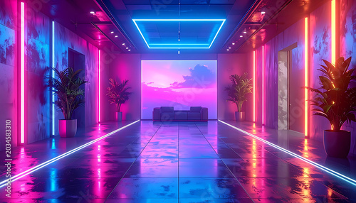  Futuristic hallway with vibrant neon lights in pink and blue, leading to a sunset view with clouds and a sofa, reflective wet floor, industrial concrete walls, modern interior design
