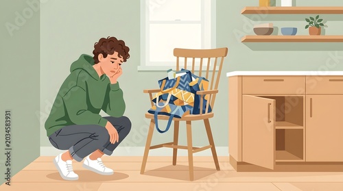 A Young Adult's Overwhelmed Moment: A young person in a green hoodie looks dejected while squatting next to a chair overflowing with clothes.