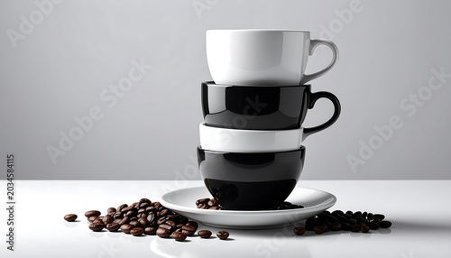 A stack of four cups, alternating colors of black and white, resting on a white saucer with spilled coffee beans nearby