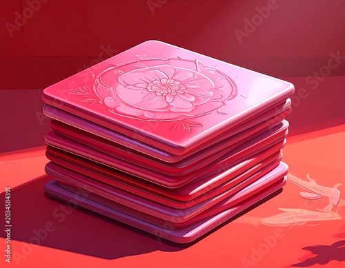 A stack of square, pink items is illuminated, revealing a floral design on top. Shadows and light create depth