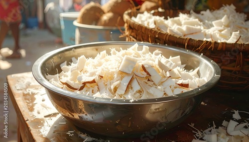 A stainless steel bowl overflows with fresh, shredded coconut, while more of the fruit is piled in baskets. The outdoor setting is sunny