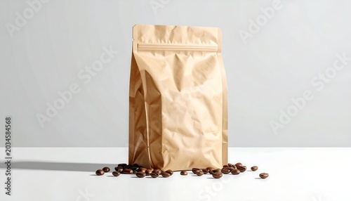 A standing brown paper package, partially filled, rests on a white surface with scattered roasted beans. The backdrop is a soft gray