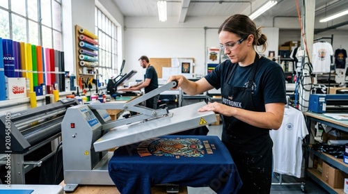 Woman operating heat press machine for custom t-shirt printing in workshop.