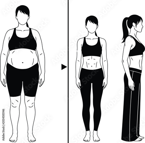 Tableau sur toile Female weight loss transformation before and after body silhouette illustration