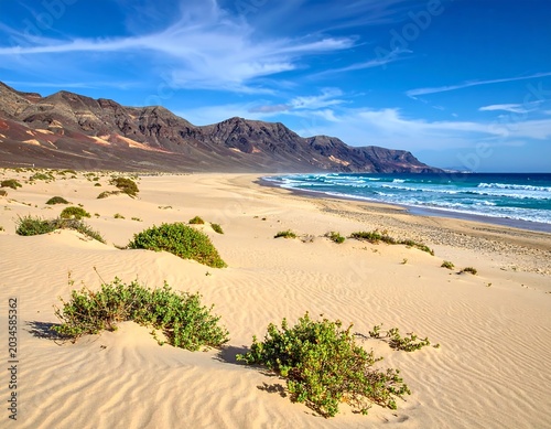 Sunlit Sandy Beach Curving Along Rugged Mountain Coastline Under Blue Sky