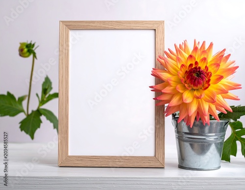 Bright Orange Dahlia Beside Empty Wooden Frame on White Tabletop