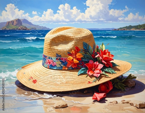 A straw hat adorned with tropical flowers sits on a sandy beach. Waves crash along the shore. A distant island adds to the scene