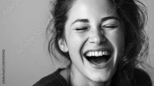 Joyful woman expressing happiness with a big smile and laughter in black and white image