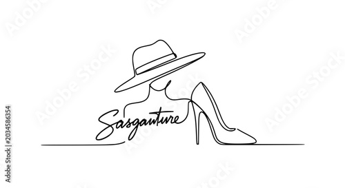 Elegant Woman Fashion Silhouette with Hat and High Heel Shoe - Continuous Line Art