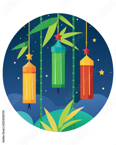 Colorful Japanese Tanabata festival paper lanterns hanging on bamboo branches against night sky