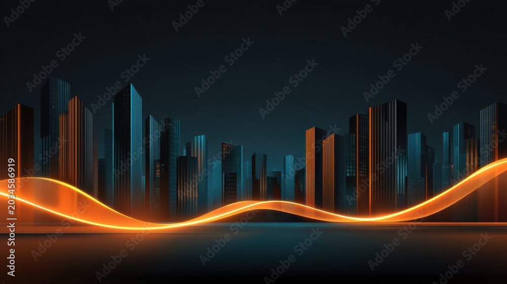 Fototapeta premium Futuristic city skyline with glowing orange wave and dark blue night background abstract urban background futuristic city city skyline glowing wave neon light dark background urban scene