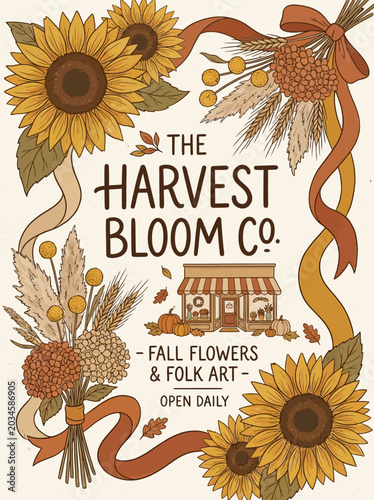 Фотография Vibrant fall flowers and folk art adorn a rustic shop sign with sunflowers, ribbons, and wheat in a charming daily display