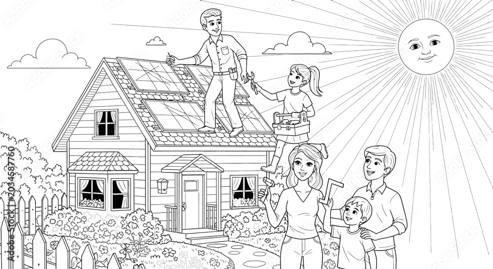 Obraz premium Family installing solar panels on house roof coloring page