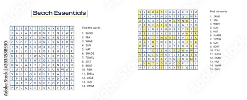 Obraz na płótnie Beach Essentials Word Search puzzle sheet with summer vocabulary game
