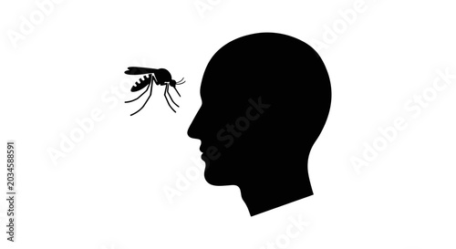 Tableau sur toile The profile silhouette of a human head is shown with a mosquito vector positioned near the forehead, illustrating the concept of disease transmission and annoyance