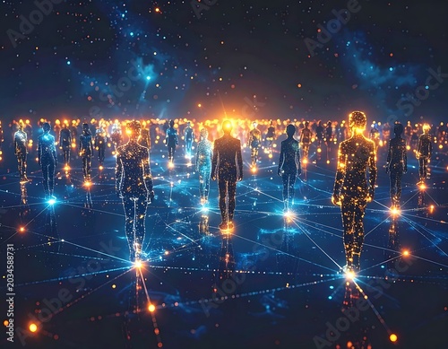 Glowing Human Silhouettes Standing on Digital Network Grid in Cosmic Space