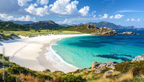 A stunning panoramic view of a beautiful sandy beach with crystal-clear turquoise waters and rocky outcrops under a blue sky