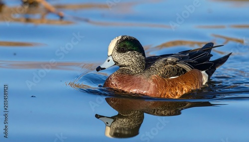 A stunning shot showcases a colorful duck with detailed plumage gliding through serene, reflective water on a sunny day