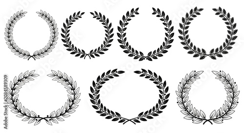 Collection of laurel wreaths in various designs on a white background