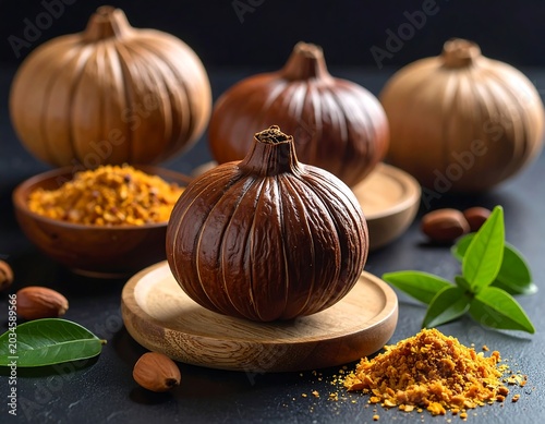 Dark Fermented Garlic Bulbs Arranged on Wooden Plates with Powder on Black Surface