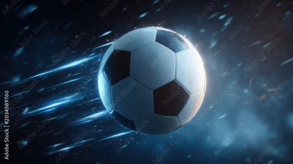 Naklejka premium Soccer ball in motion with blue light trail against dark background, dynamic sport action and fast speed energy