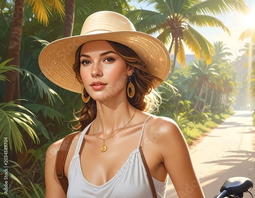 A stunning young woman in a straw hat and white top smiles at the camera, standing by a tropical road. Sunlight filters through palm trees