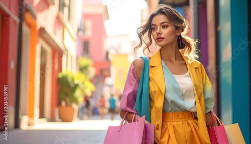A stylish woman walks down a brightly colored street, carrying shopping bags and wearing a colorful outfit