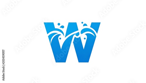 A stylized blue letter, shaped like the alphabet W, with wave-like design elements on the front against a stark white background
